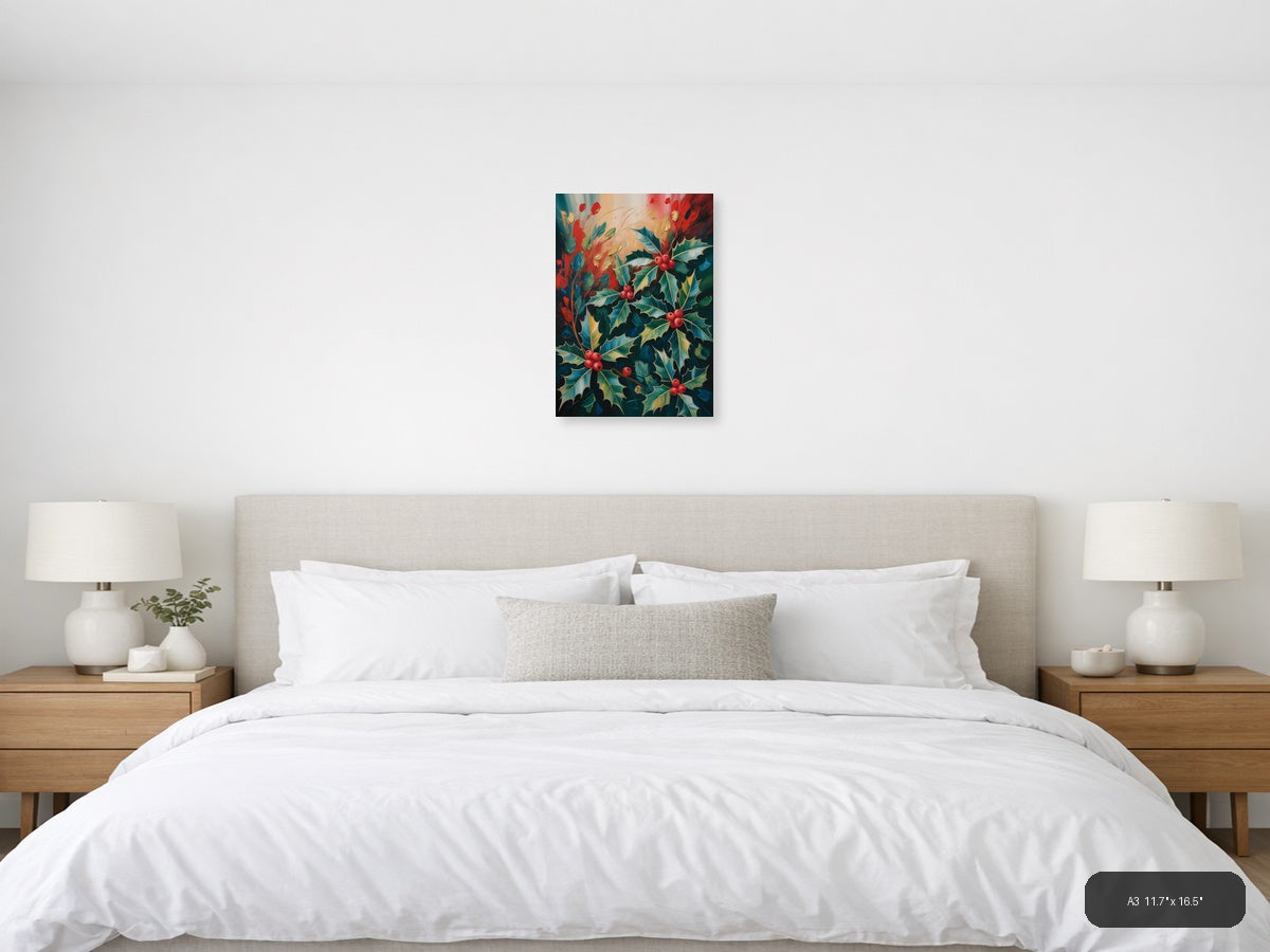 Holly Berry Abstract Botanical Portrait Wall Art — A3 / Bedroom