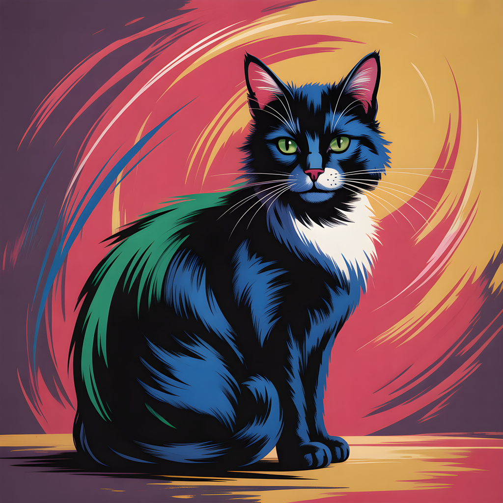 Colorful Abstract Cat Portrait with Green Eyes Wall Art