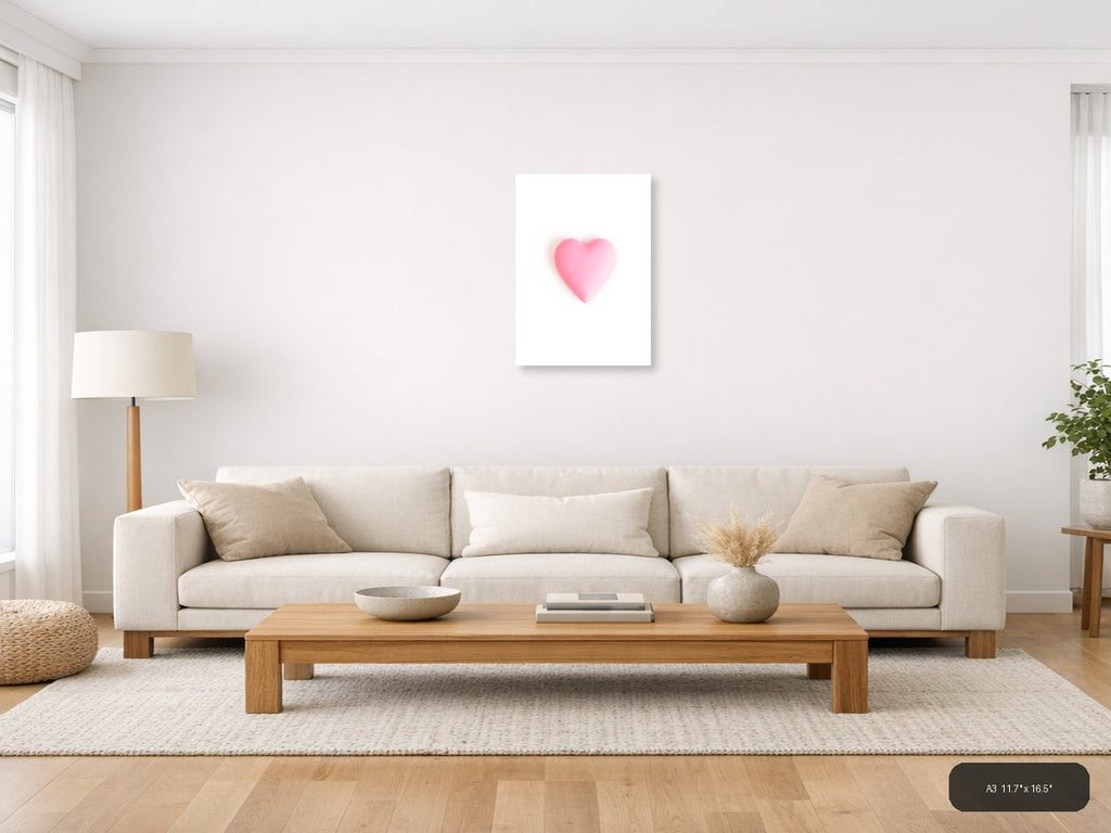 Minimalist Pink Heart with Soft Glow Wall Art — A3 / Living Room
