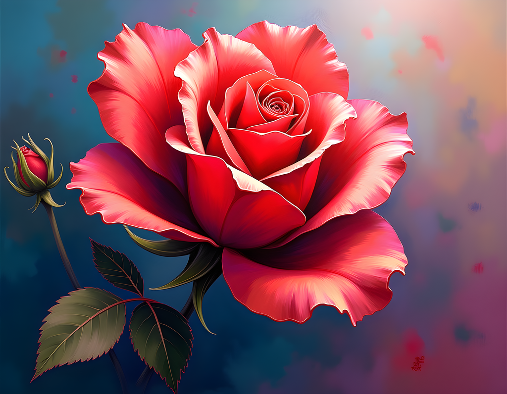 Red Rose with Bud Abstract Digital Wall Art