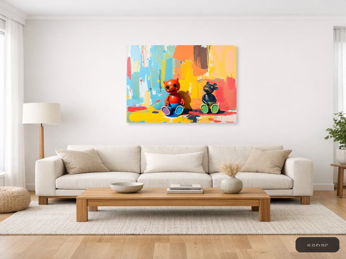 Colorful Cat & Bear Abstract Canvas Wall Art — A2 / Living Room