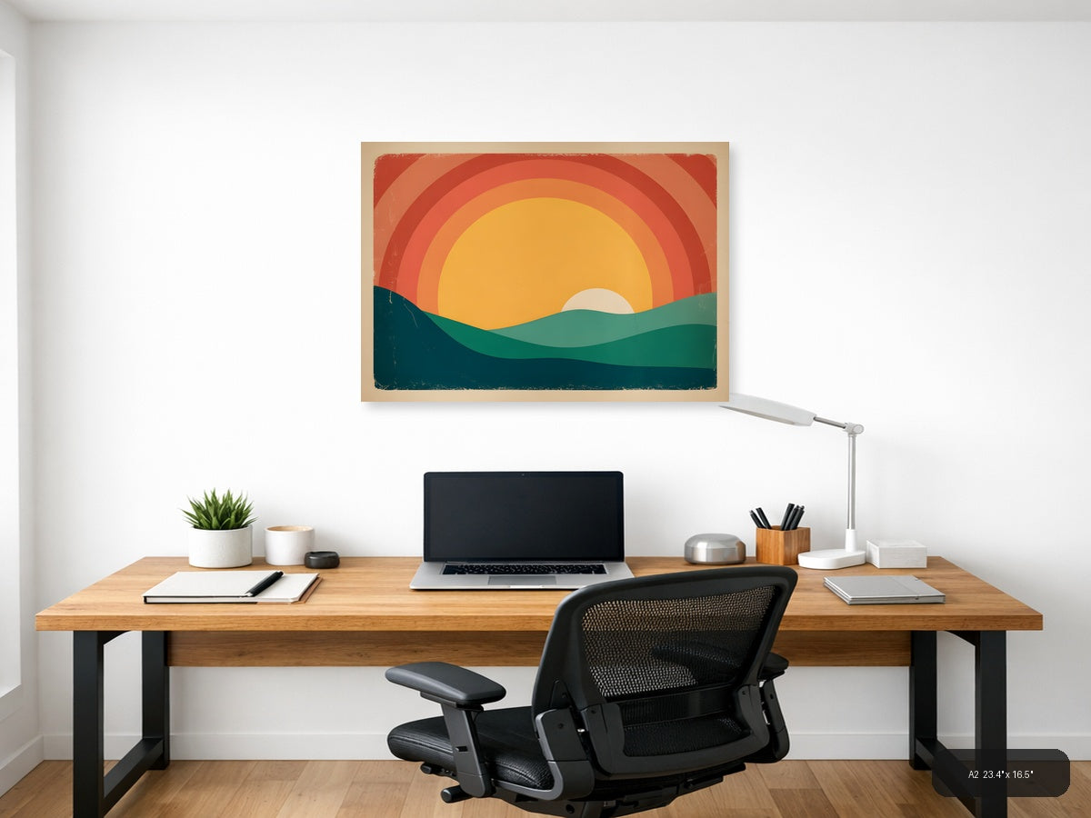 Vintage Retro Sunset Landscape Illustration Wall Art — A2 / Office