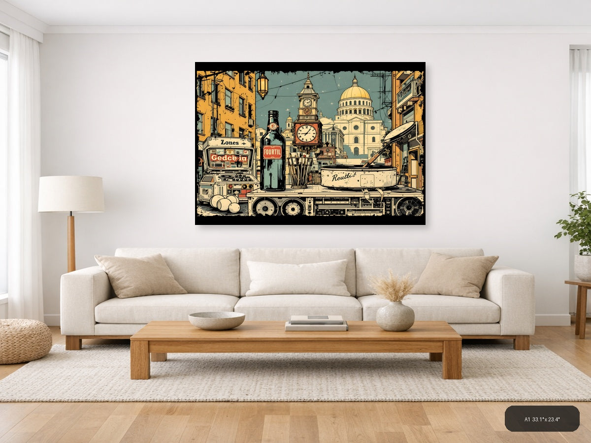 Vintage City Street Scene with Capitol Dome Wall Art — A1 / Living Room