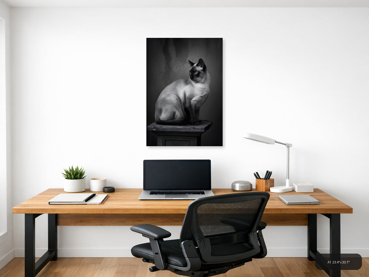 Siamese Cat Portrait Black and White Photography Wall Art — A1 / Office