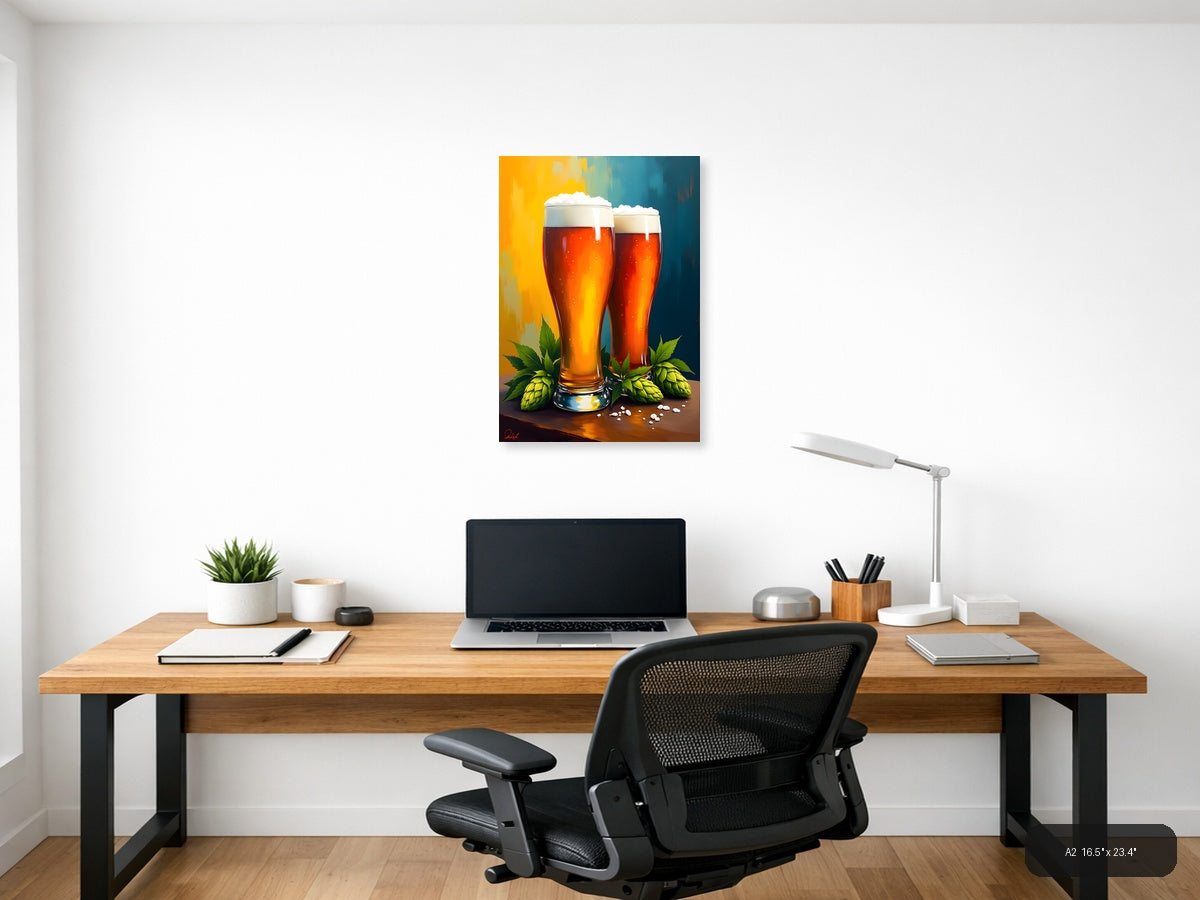 Two Beer Glasses with Hops Abstract Wall Art — A2 / Office