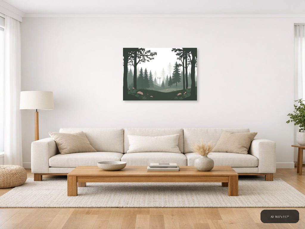 Misty Forest Cross Minimalist Landscape Wall Art — A3 / Living Room