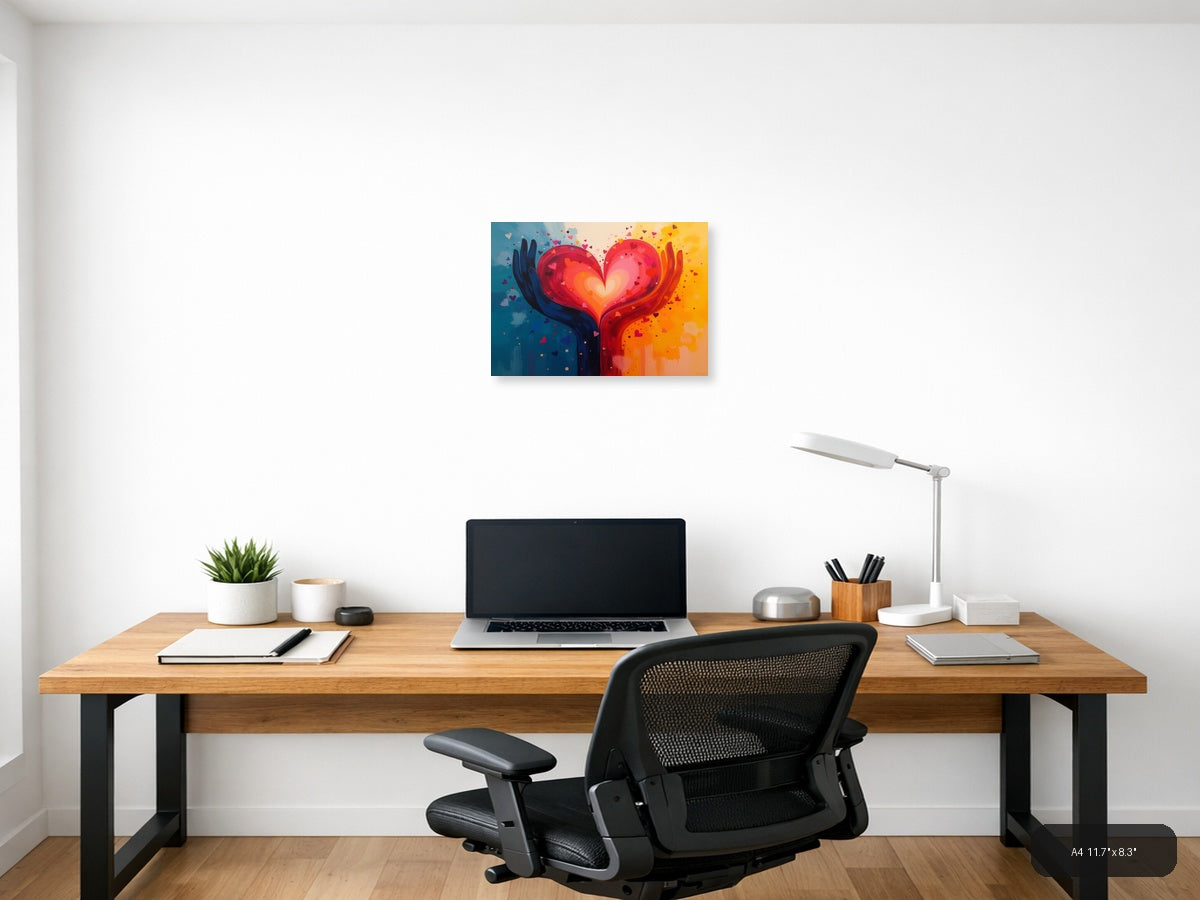 Glowing Heart in Hands Abstract Rainbow Canvas Print Wall Art — A4 (Office)
