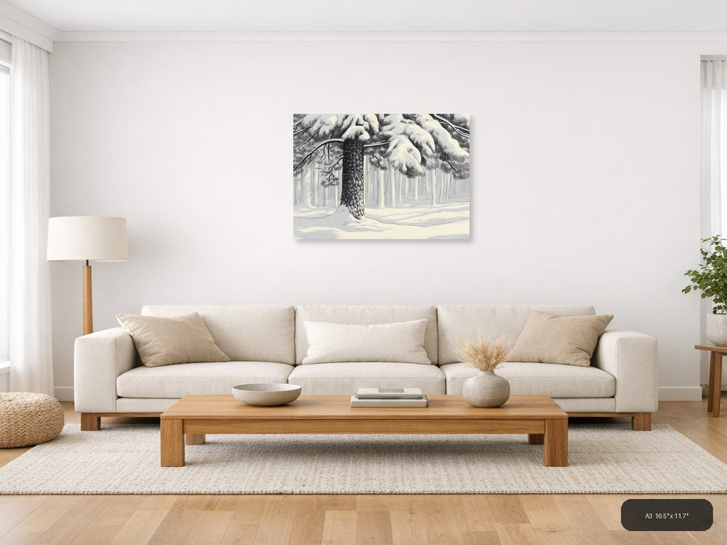 Winter Forest Snow Line Art Landscape Wall Art — A3 / Living Room