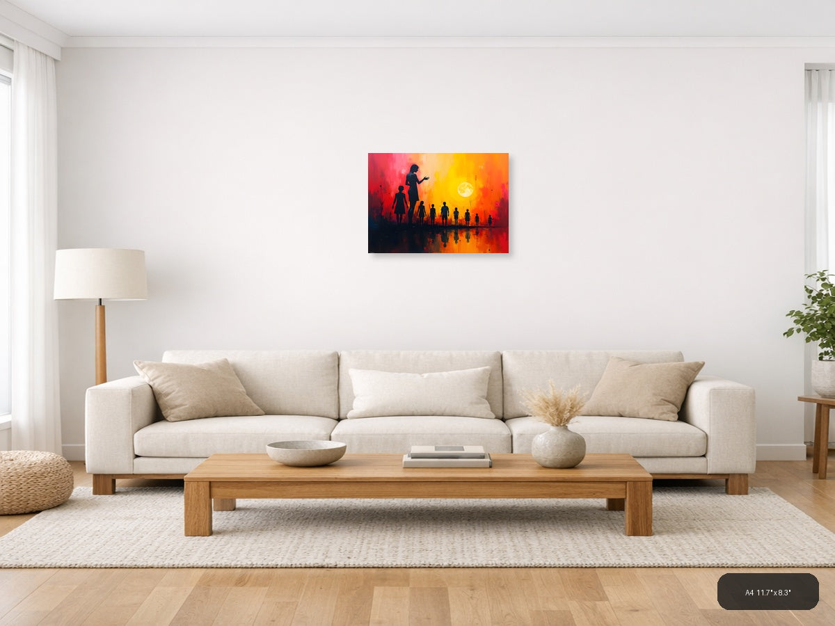Abstract Silhouettes Sunset Moon Reflection Wall Art — A4 / Living Room