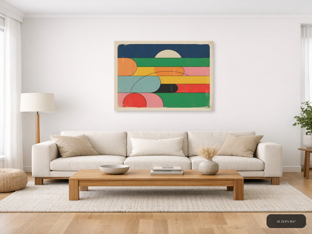 Vintage Retro Geometric Landscape Sunrise Wall Art — A2 / Living Room