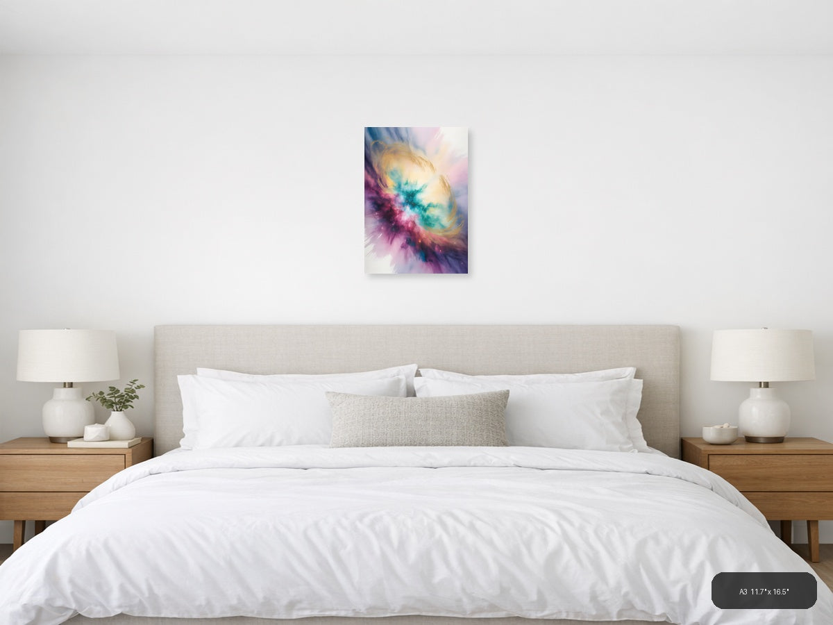 Cosmic Watercolor Nebula in Pink and Teal Wall Art — A3 / Bedroom