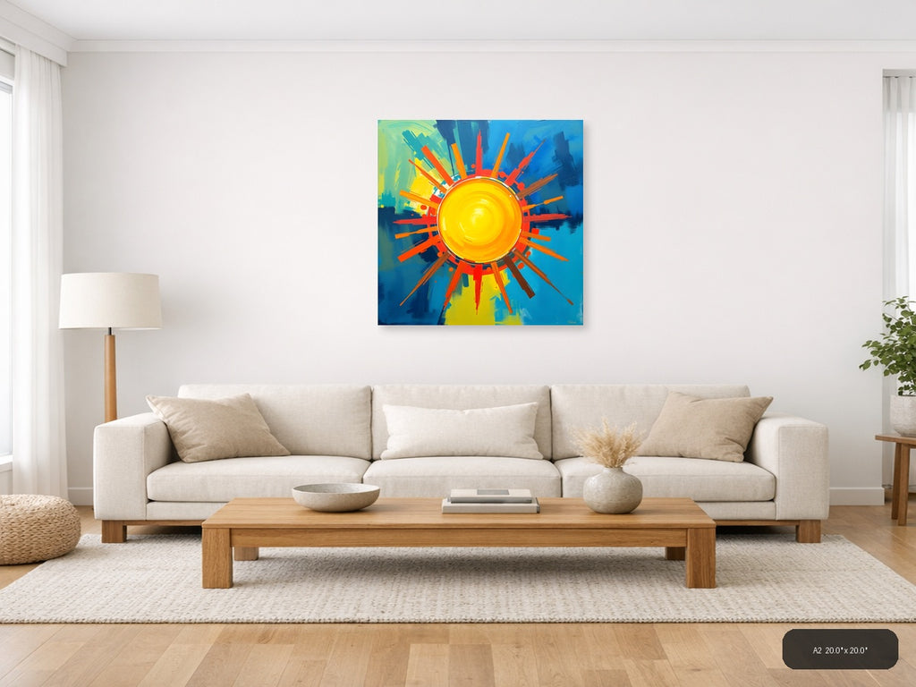 Abstract Sun Burst Modern Art | Vibrant Yellow Blue Wall Art — A2 / Living Room