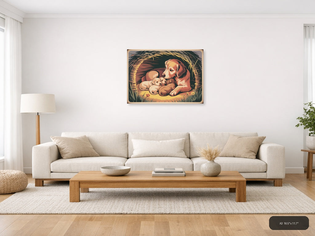 Vintage Mother Dog and Puppies Nest Wall Art — A3 / Living Room