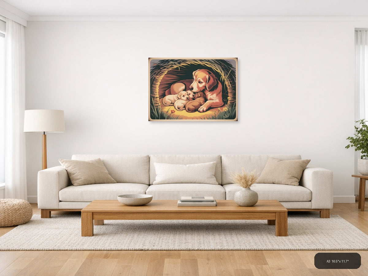 Vintage Mother Dog and Puppies Nest Wall Art — A3 / Living Room