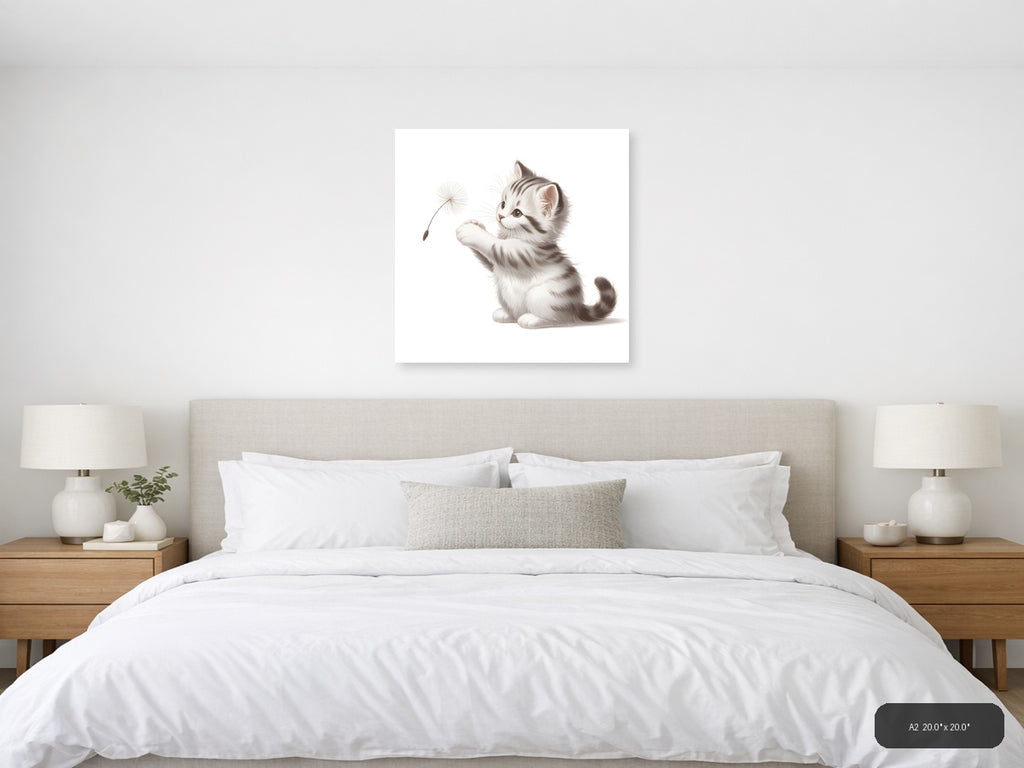 Cute Kitten with Dandelion Minimalist Wall Art — A2 / Bedroom