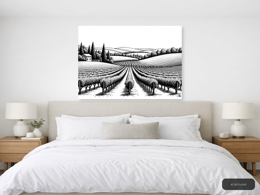 Tuscan Vineyard Landscape Line Art Wall Art — A1 / Bedroom