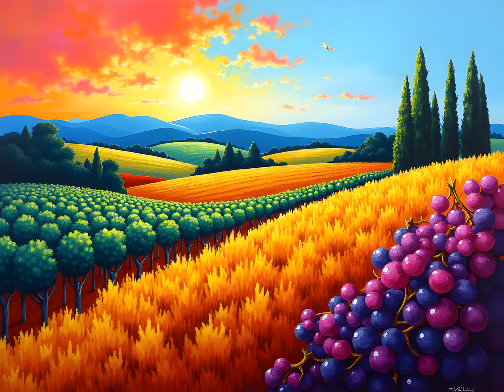 Tuscany Vineyard Sunset Abstract Landscape Wall Art
