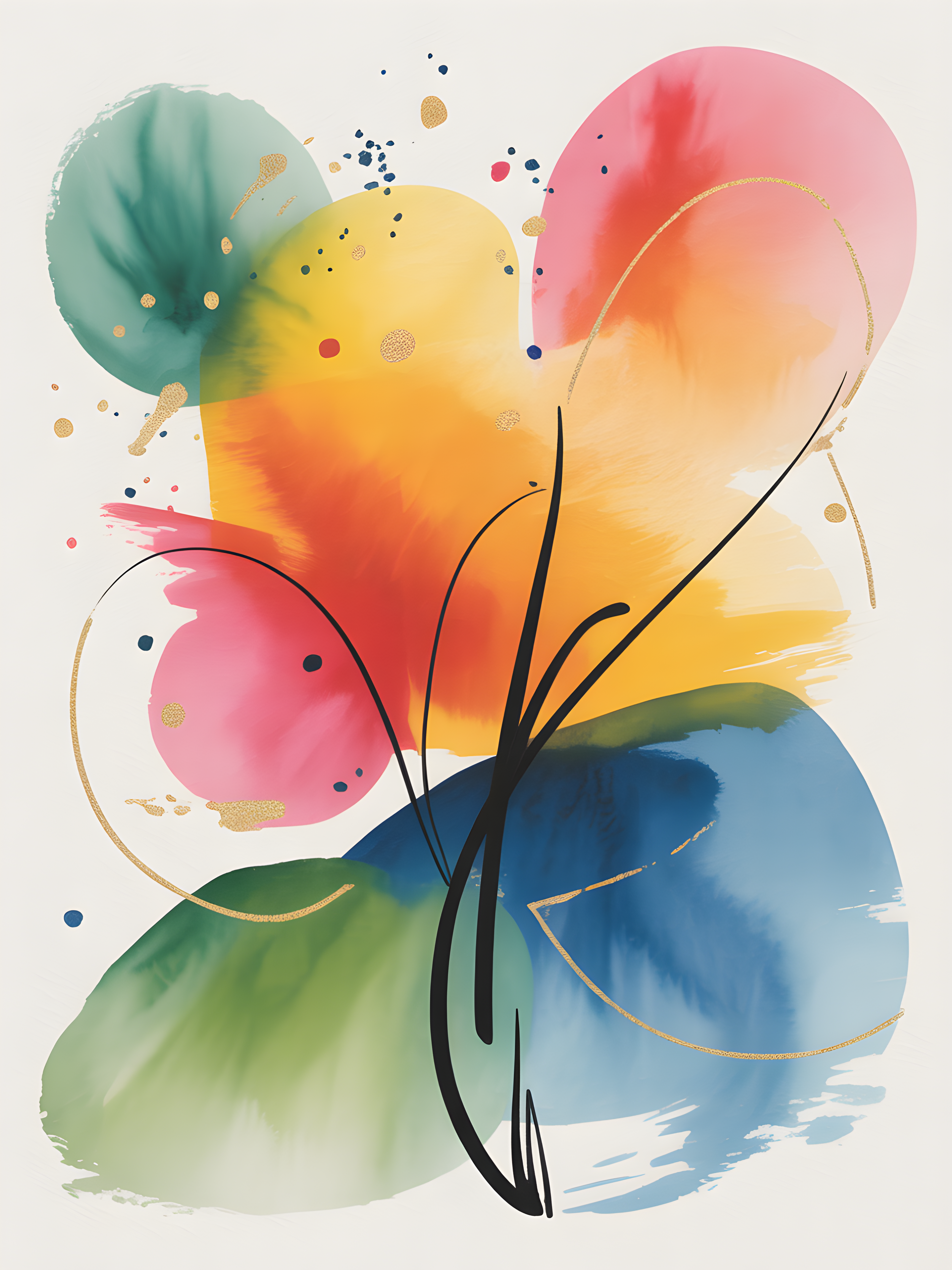 Colorful Watercolor Flower with Abstract Circles Wall Art