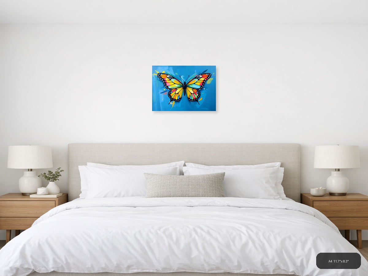 Vibrant Rainbow Butterfly Abstract Blue Wall Art — A4 / Bedroom