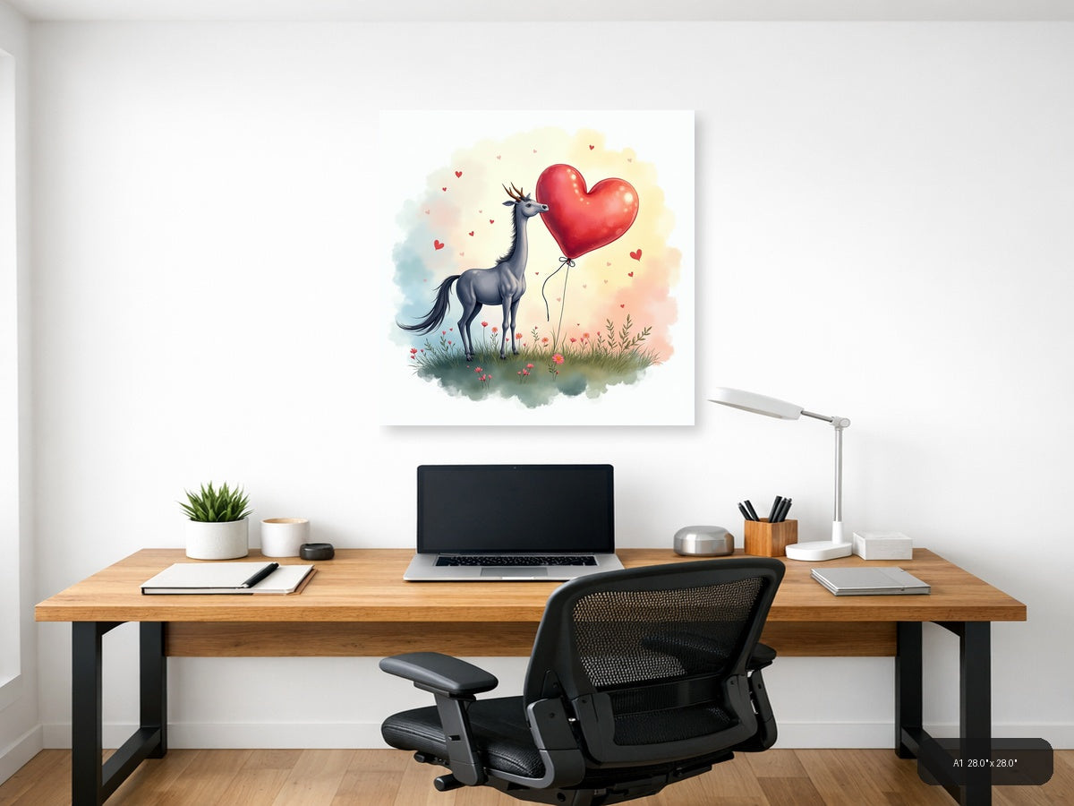 Llama with Heart Balloon Watercolor Wall Art — A1 / Office