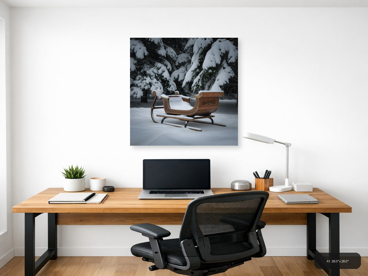 Ornate Wooden Sleigh in Winter Forest Snow Photography — A1 / Office