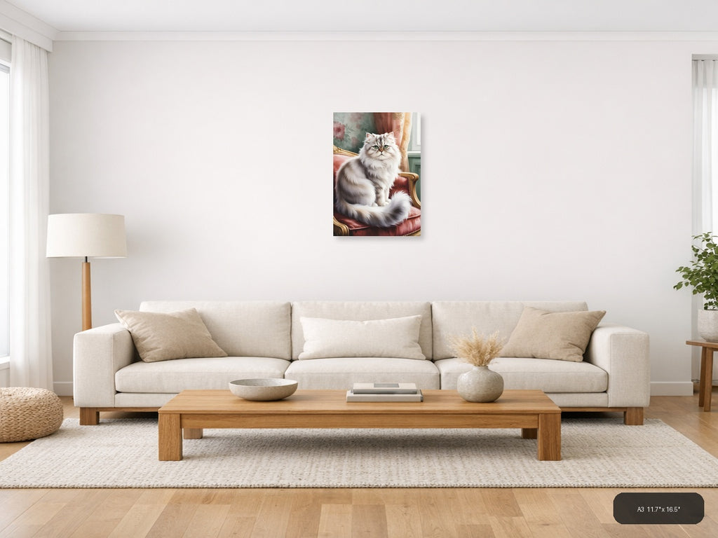 Fluffy White Cat Portrait Watercolor Wall Art — A3 / Living Room