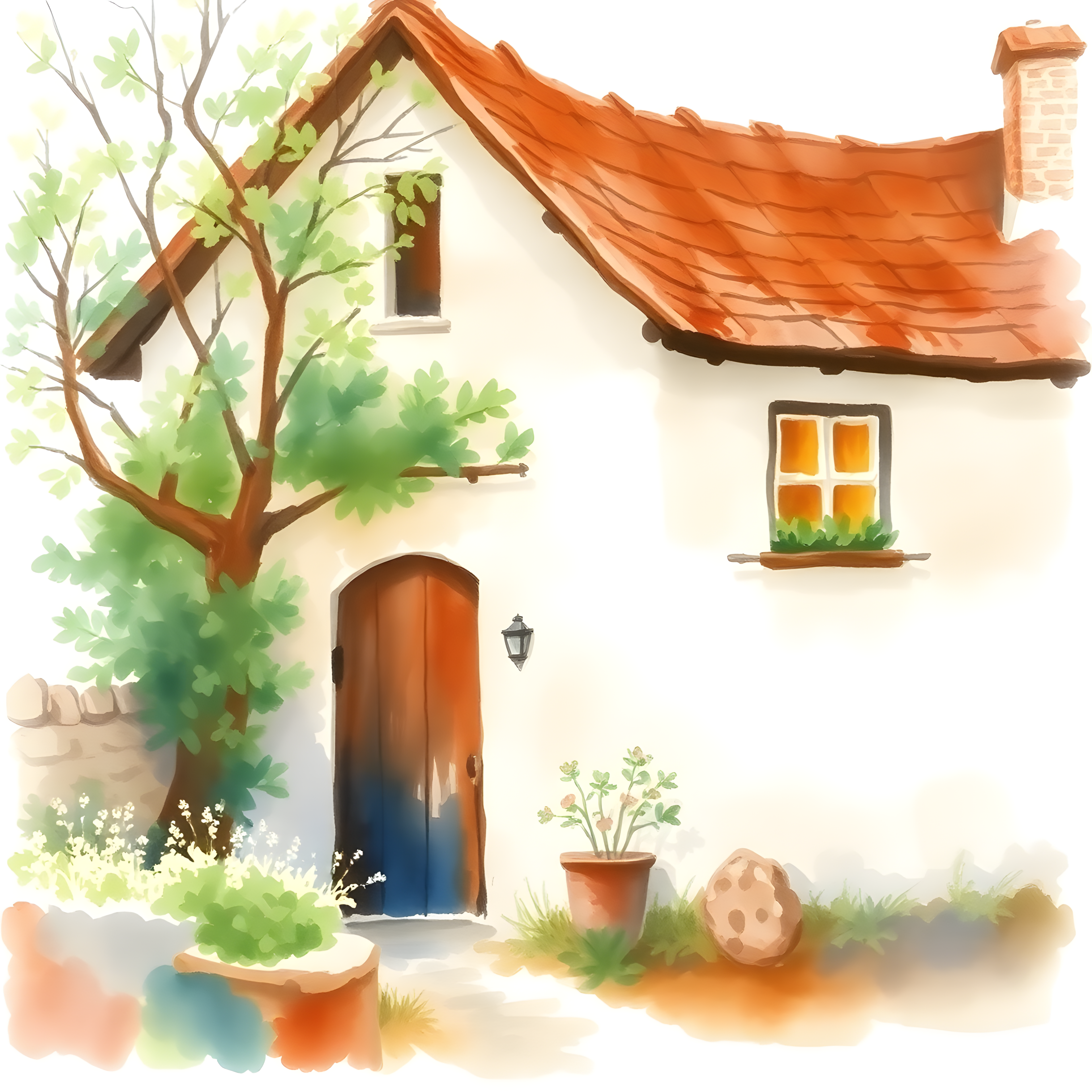 Cozy Cottage with Red Roof Watercolor Wall Art