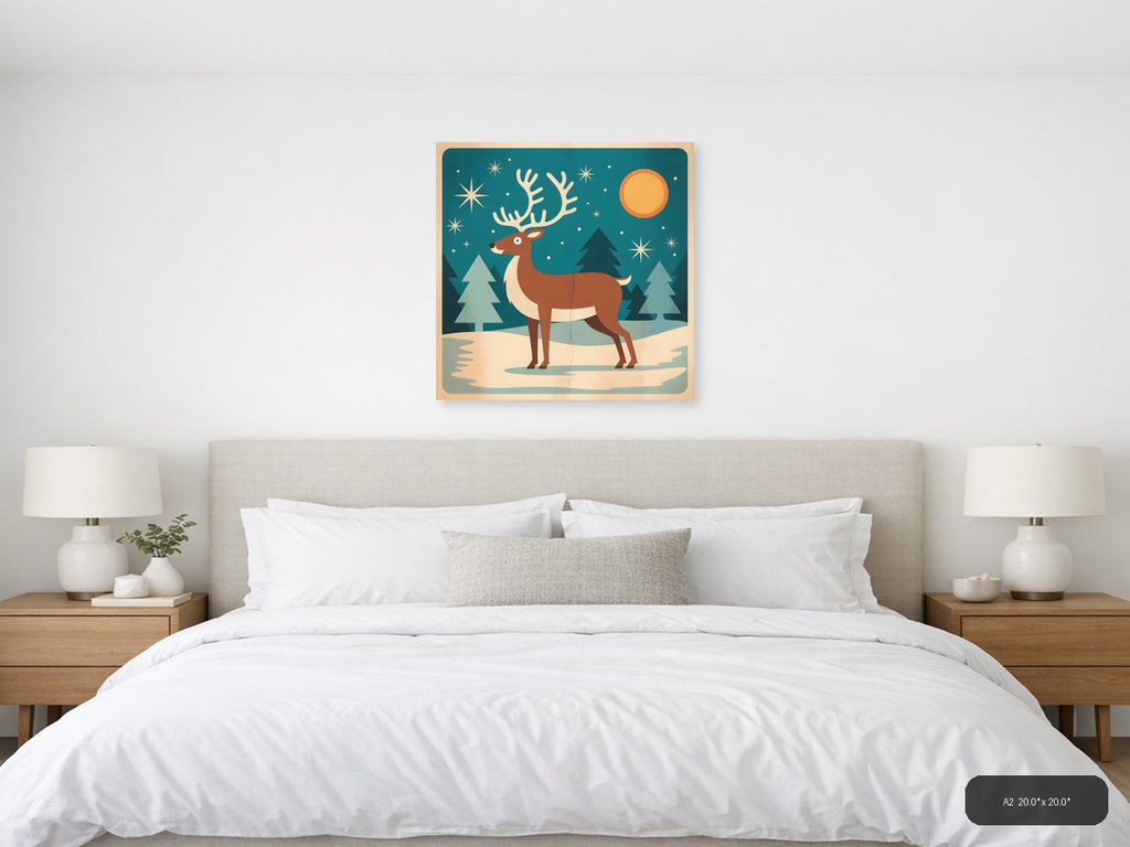 Vintage Reindeer Winter Night Sky Wall Art — A2 / Bedroom