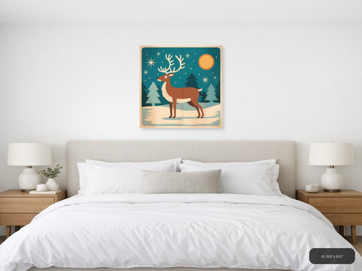 Vintage Reindeer Winter Night Sky Wall Art — A2 / Bedroom