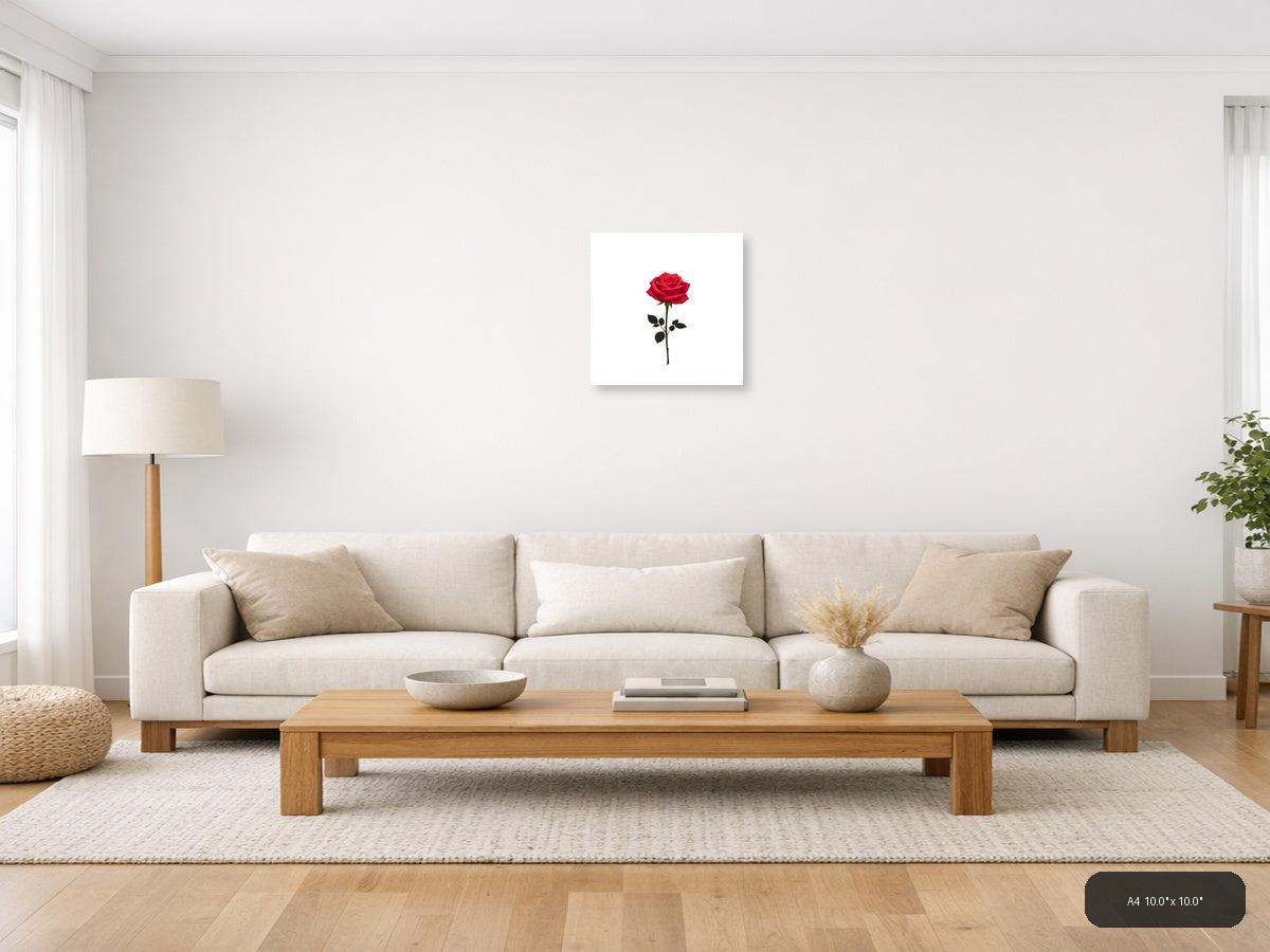 Minimalist Red Rose Single Stem Wall Art — A4 / Living Room