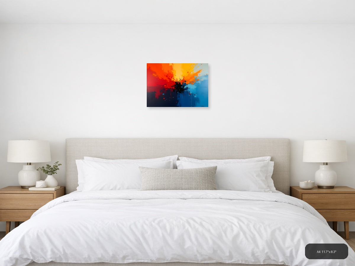 Abstract Explosion Blue Orange Red Splatter Wall Art — A4 / Bedroom