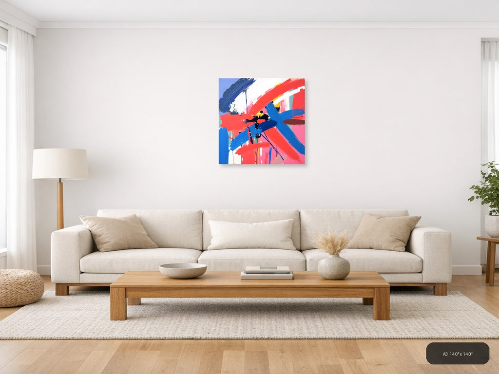 Bold Abstract Brushstrokes Red Blue Modern Wall Art — A3 / Living Room