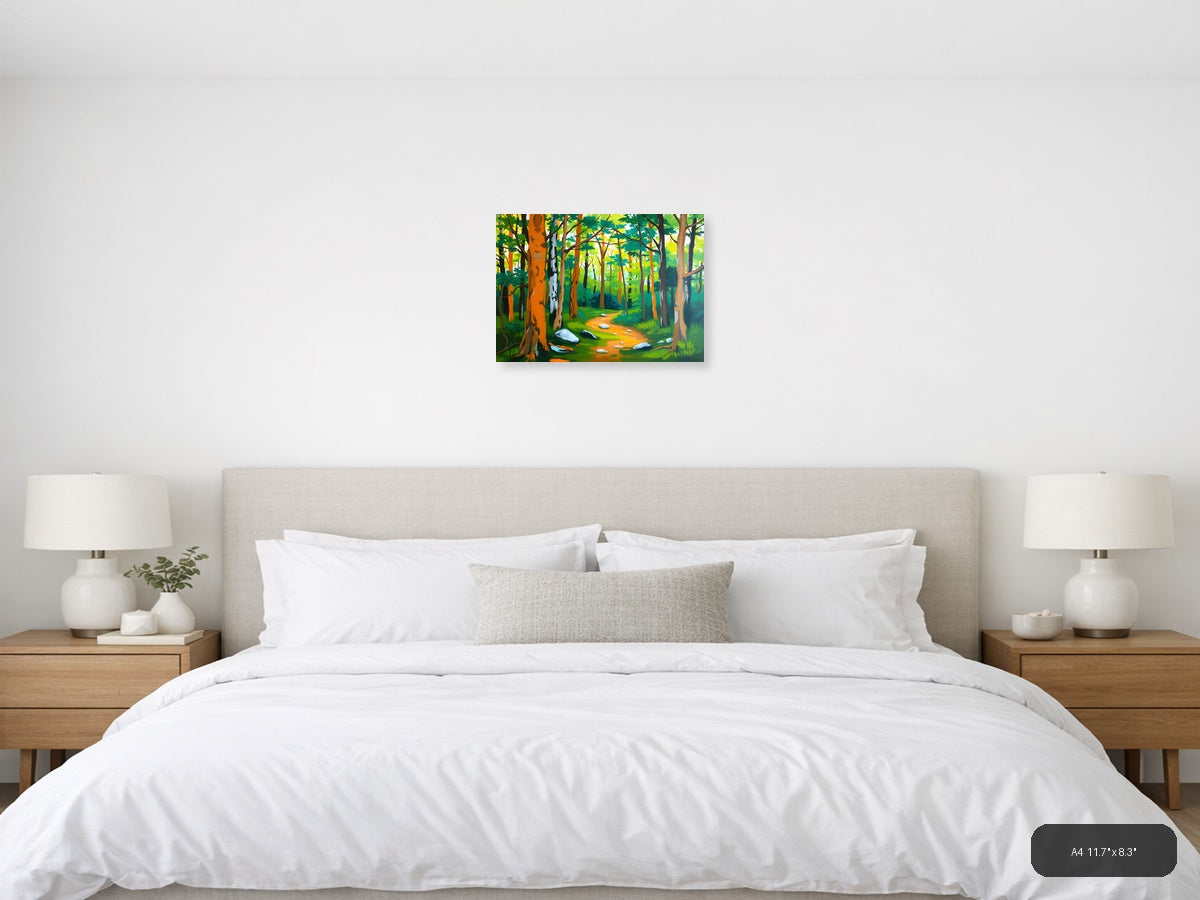 Forest Path Abstract - Vibrant Trees & Stones Wall Art — A4 / Bedroom