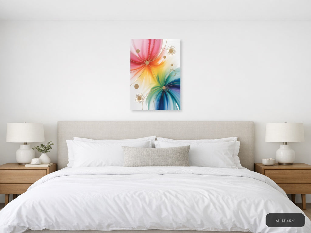 Rainbow Watercolor Sunburst with Gold Accents Wall Art — A2 / Bedroom