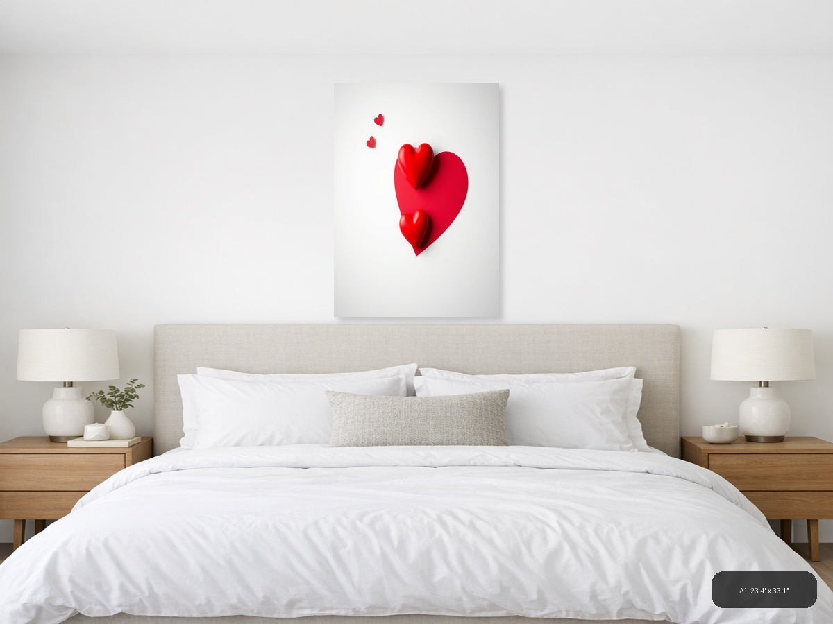 Red Hearts 3D Minimalist Design | Modern Love Canvas Wall Art — A1 (Bedroom)