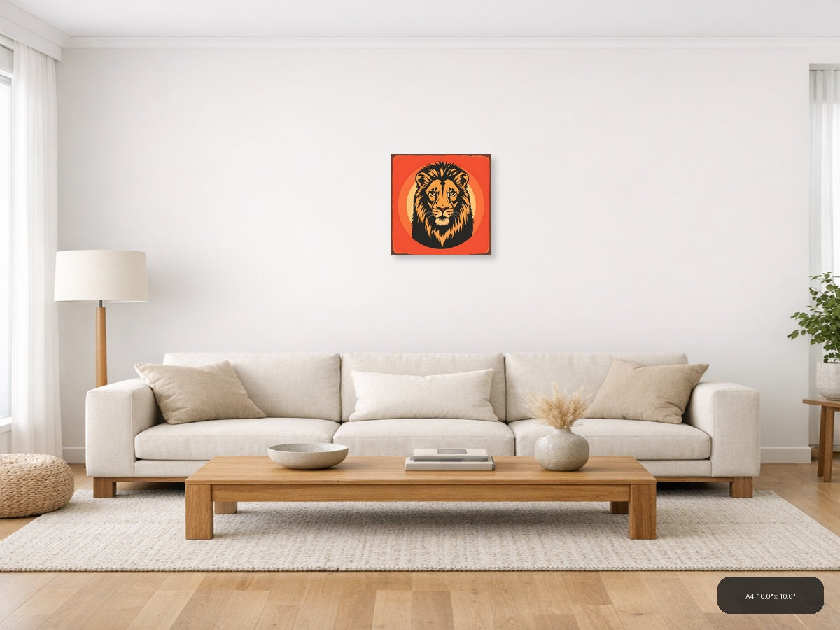 Vintage Lion Head Portrait Orange Wall Art — A4 / Living Room