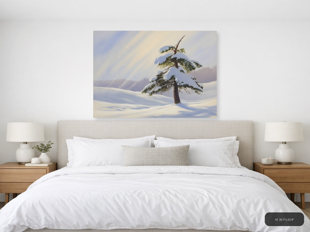 Snowy Pine Tree Winter Landscape Watercolor Wall Art — A1 / Bedroom