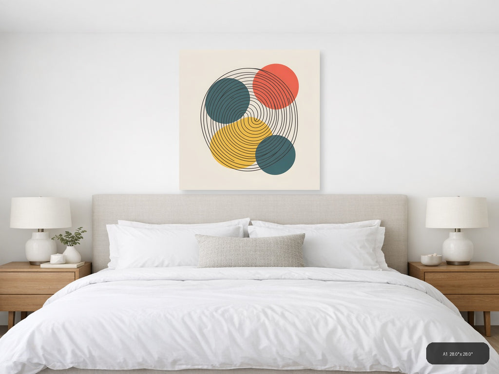 Modern Geometric Circle Line Art with Teal, Gold & Coral Wall Art — A1 / Bedroom