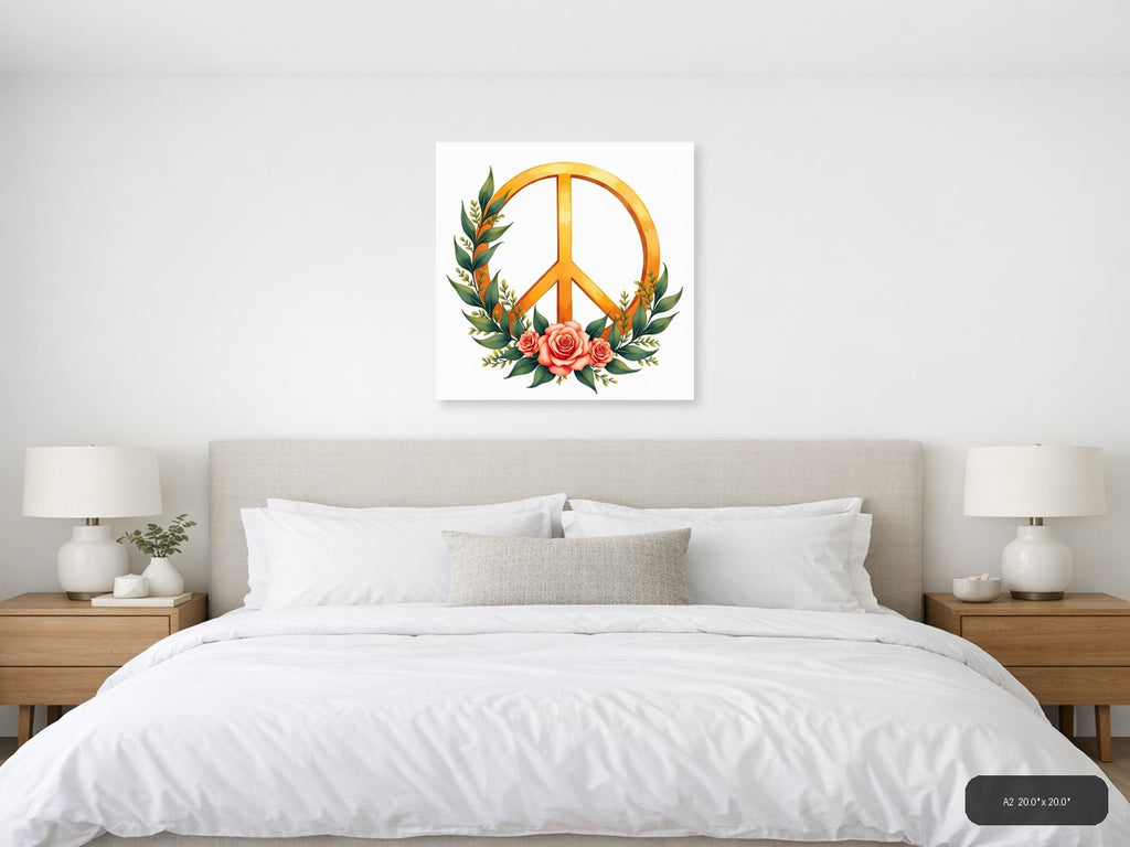 Golden Peace Sign with Roses Watercolor Wall Art — A2 / Bedroom