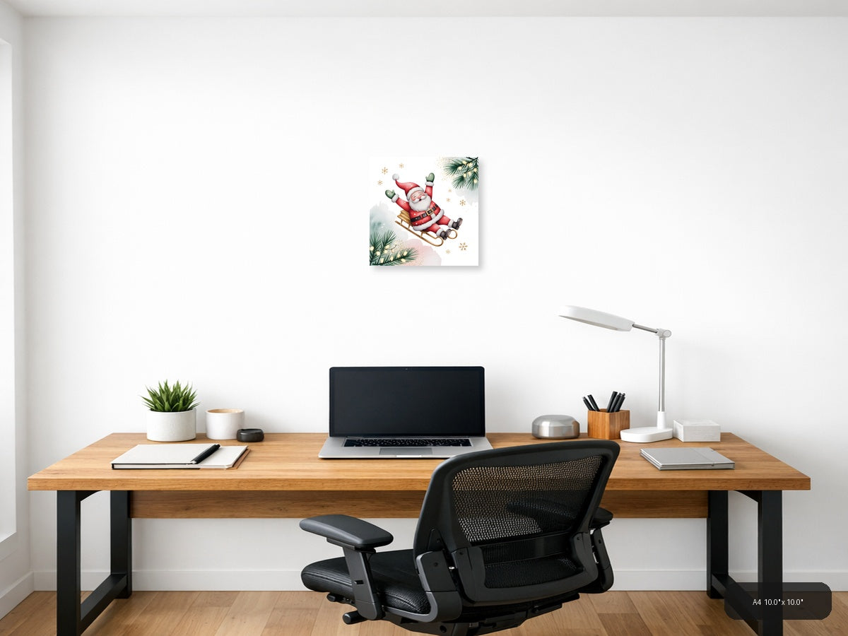 Jolly Santa on Sleigh Watercolor Wall Art — A4 / Office