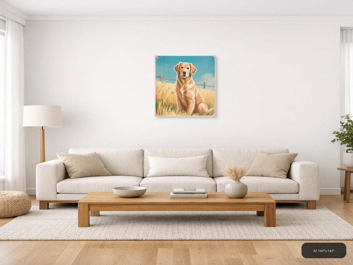 Golden Retriever in Wheat Field Vintage Wall Art — A3 / Living Room
