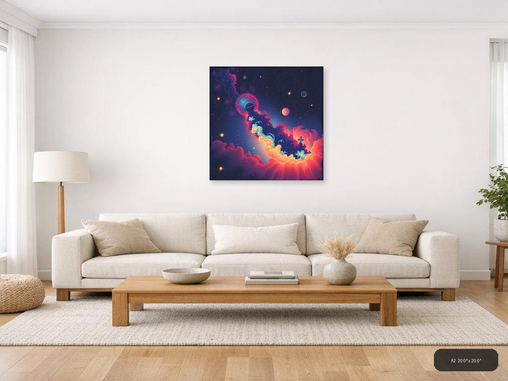 Vintage Cosmic Space Scene with Planet & Cross Wall Art — A2 / Living Room