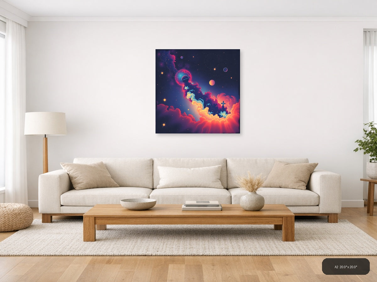 Vintage Cosmic Space Scene with Planet & Cross Wall Art — A2 / Living Room
