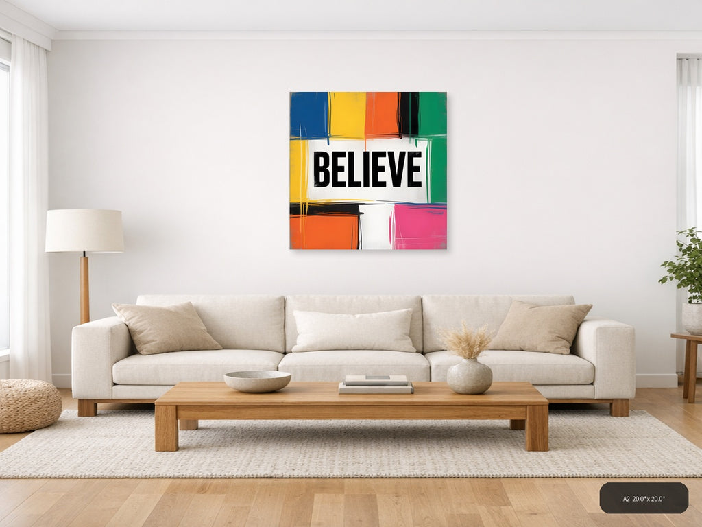 BELIEVE Colorful Abstract Blocks Square Wall Art — A2 / Living Room
