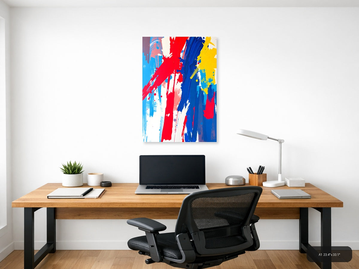 Bold Red, Blue & Yellow Abstract Brushstrokes Wall Art — A1 / Office