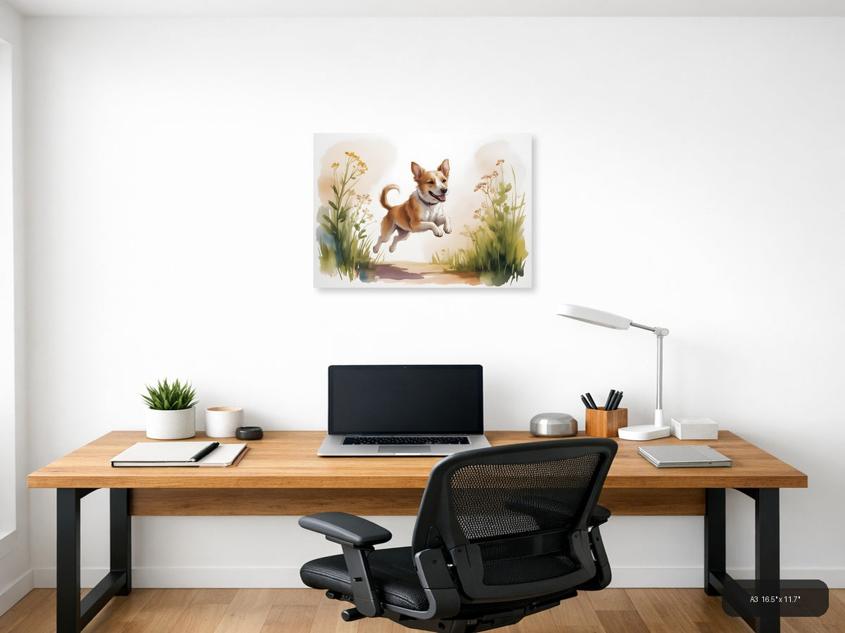Happy Dog Jumping in Wildflowers Watercolor Wall Art — A3 / Office