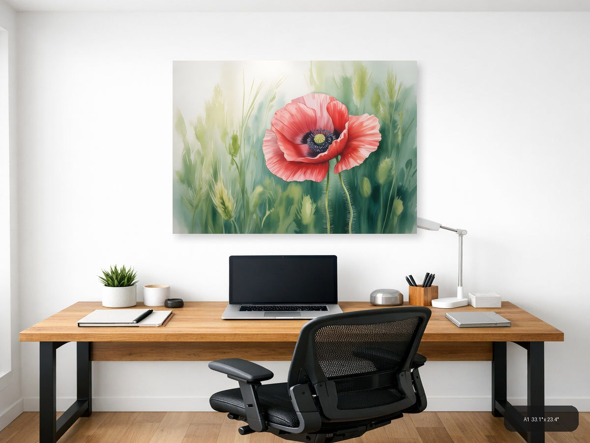 Red Poppy Watercolor Flower with Wheat Field Wall Art — A1 / Office