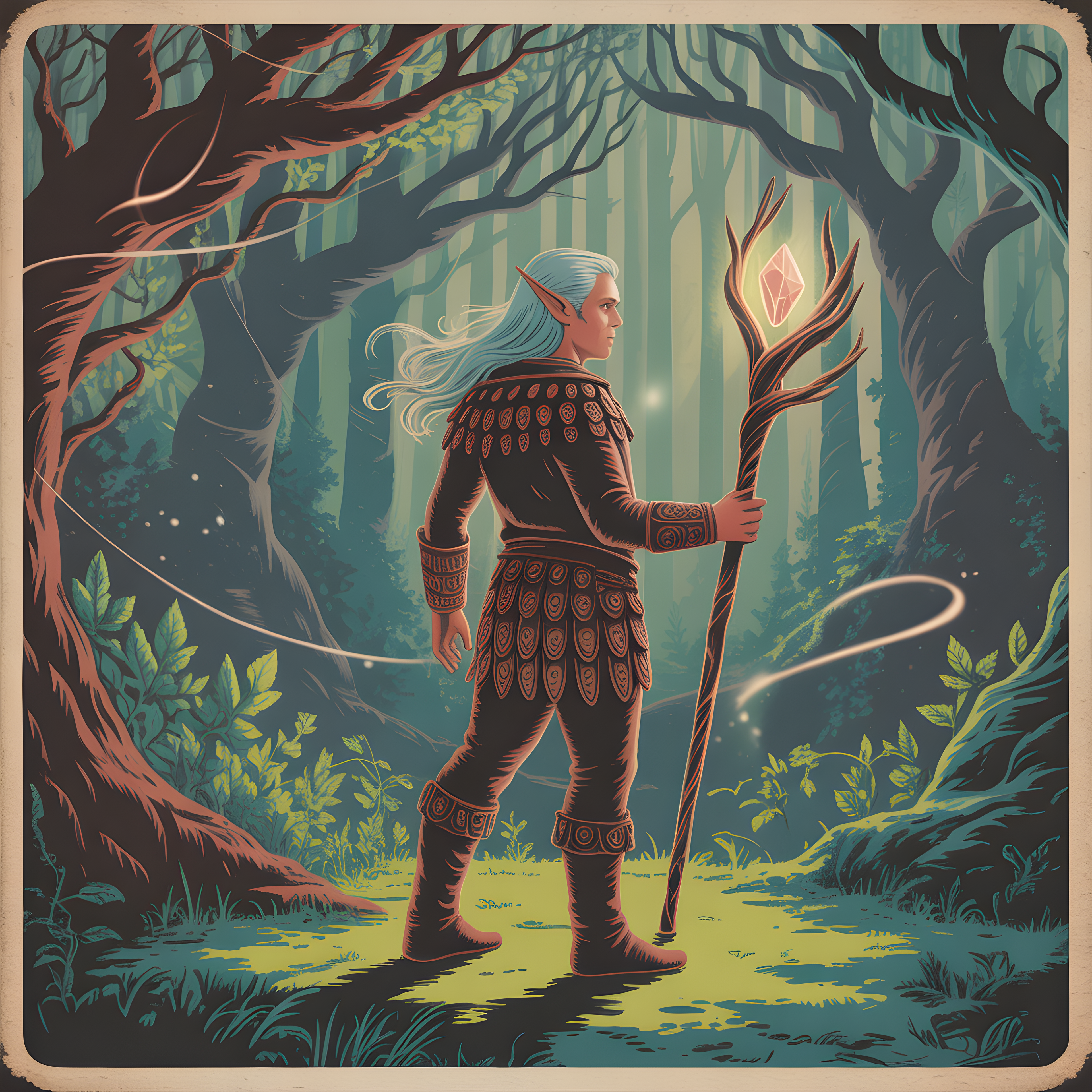 Elf Warrior in Enchanted Forest Vintage Wall Art