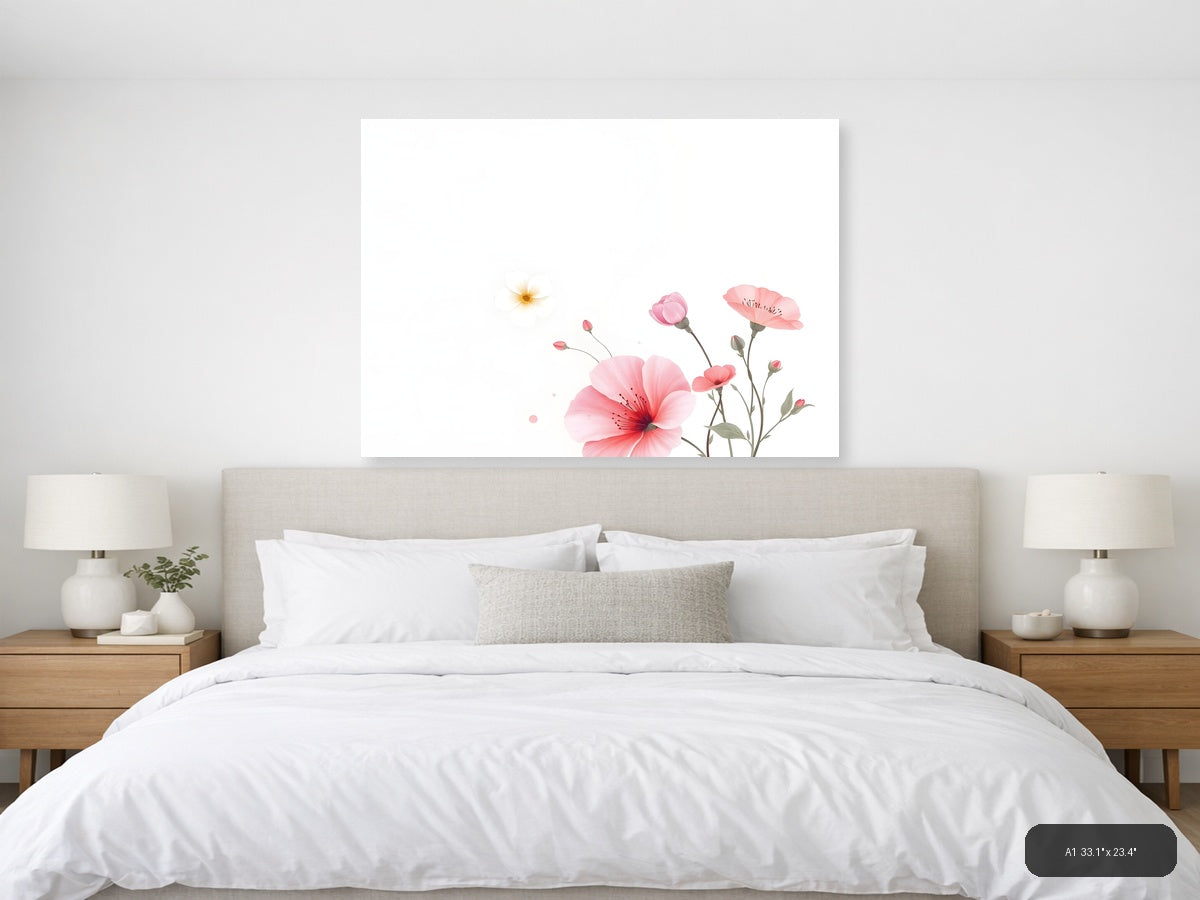Pink Carnations & Sun Minimalist Floral Wall Art — A1 / Bedroom