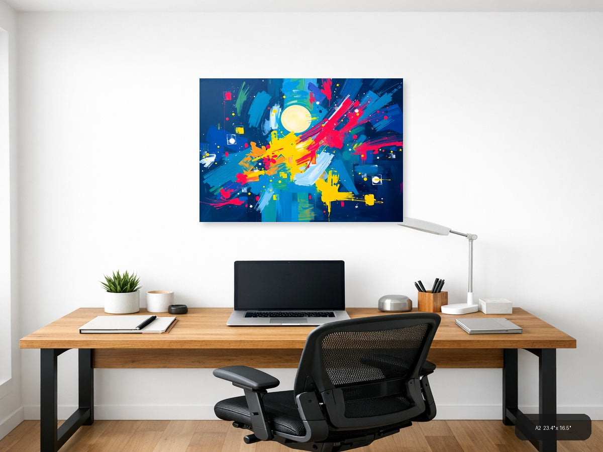 Abstract Cosmic Explosion with Moon & Burst Colors Wall Art — A2 / Office